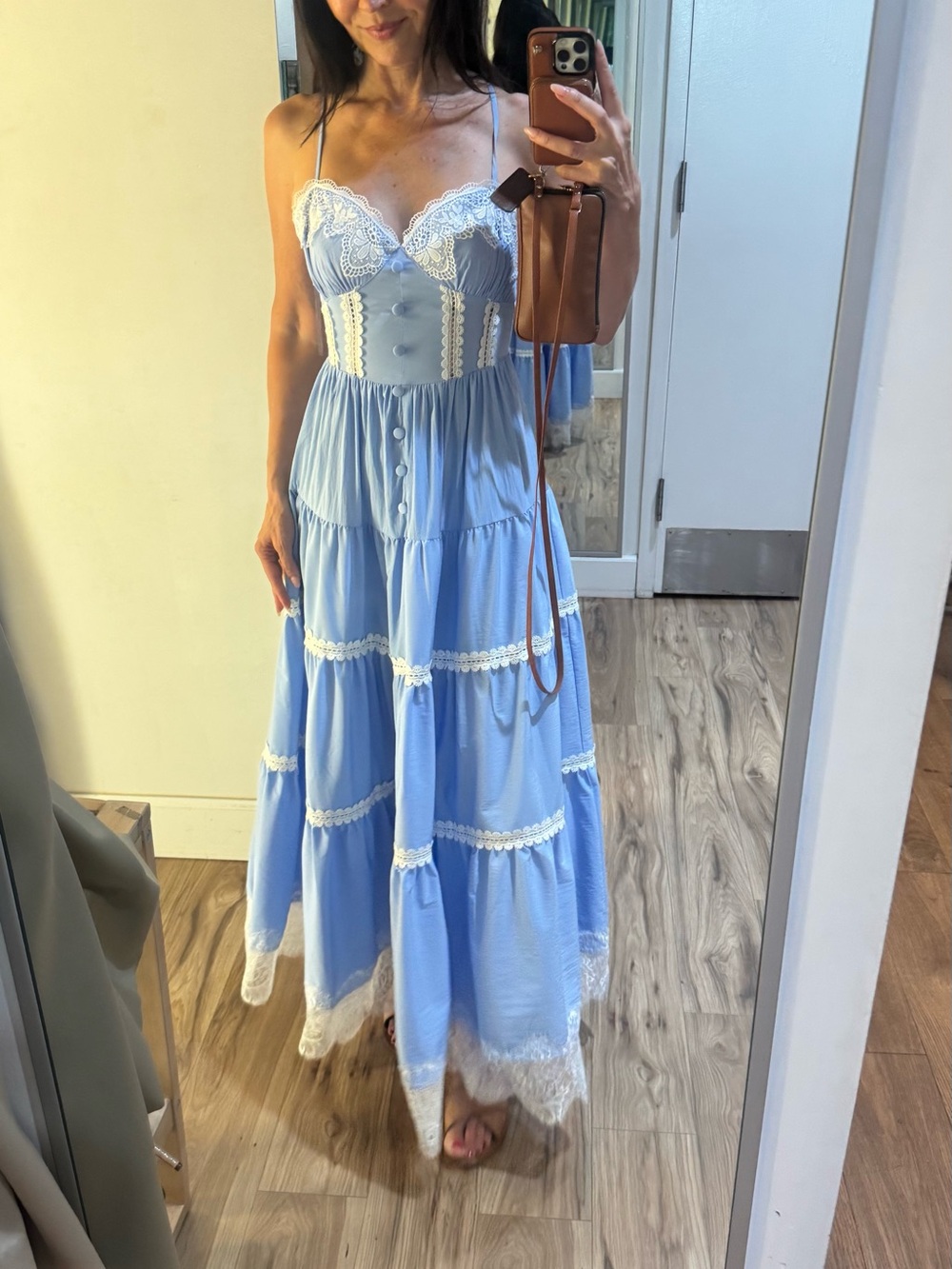 Lace-Trim Light Blue Maxi Dress with Corset Bodice